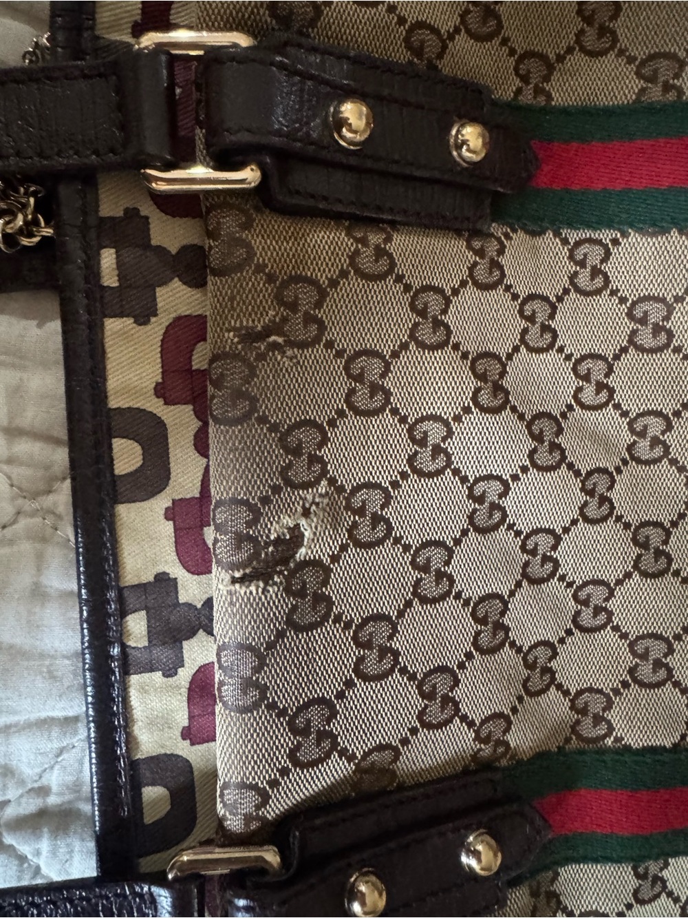 Gucci Beige GG Canvas Tote with Brown Leather Trim and Red-Green Web Stripe - Picture 10 of 12